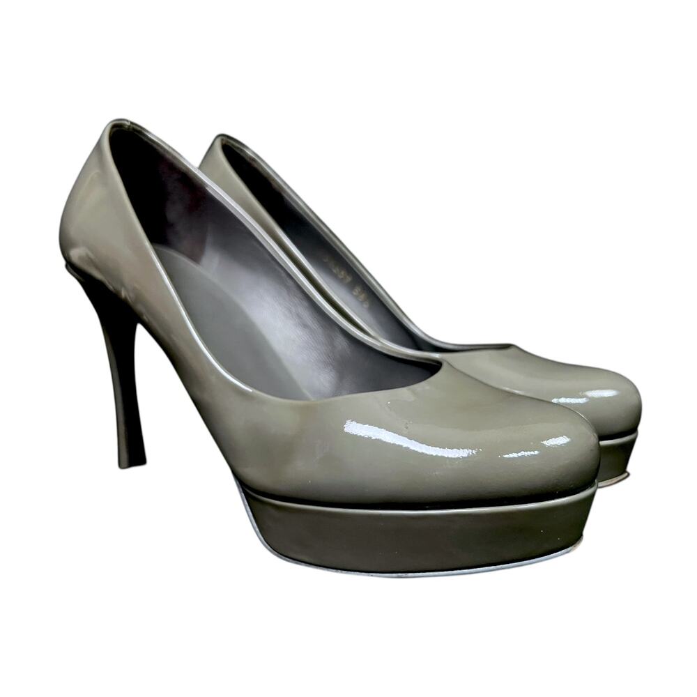YSL Saint Laurent Paris Women's 38.5 Olive Gray Patent Leather Pumps Heels - Picture 2 of 8